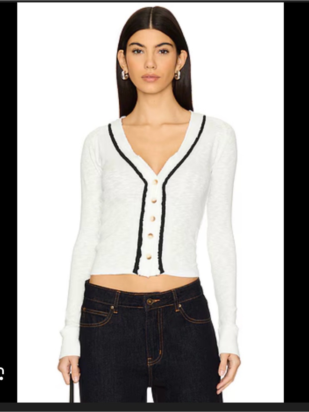 We The Free White V-Neck Button Front Cardigan with Black Trim Semi Cropped XS